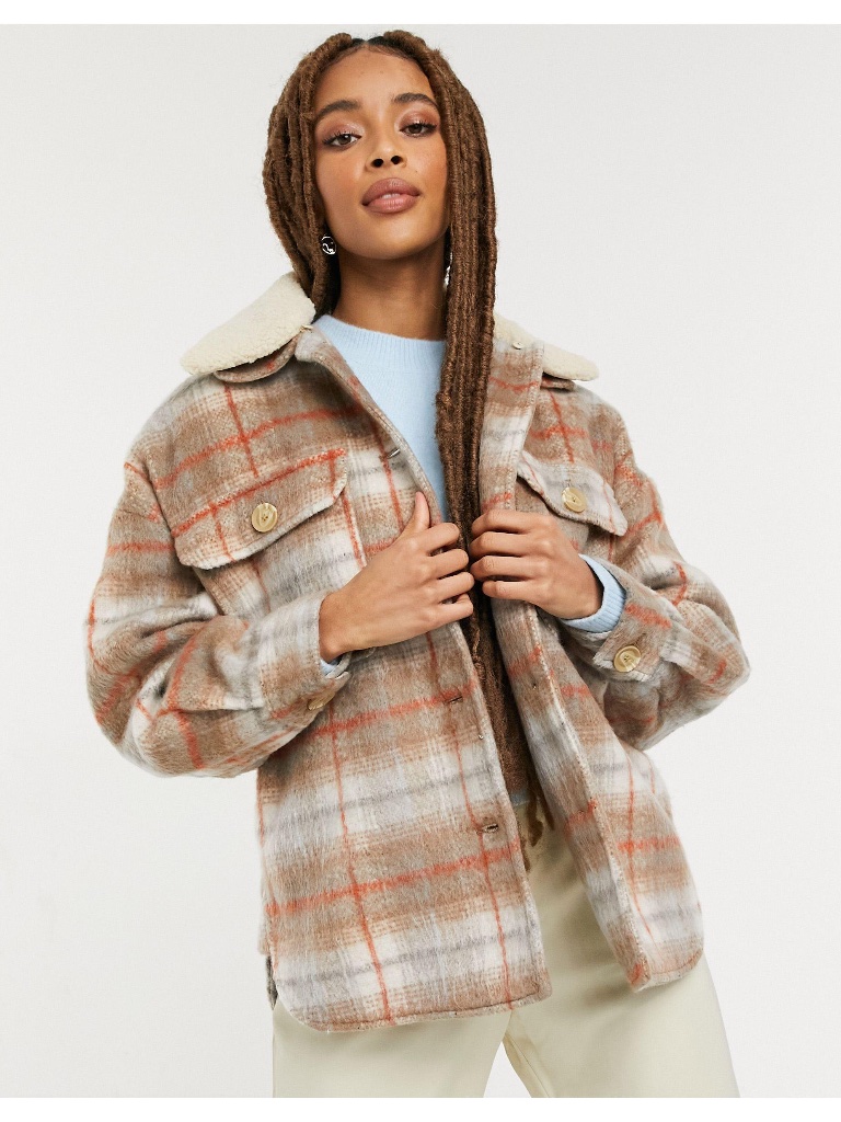 Pull & Bear Plaid Shacket With Removable Sherpa Collar